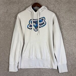 Fox Racing Pullover Hoodie Off White Blue Plaid Logo Sweatshirt Medium